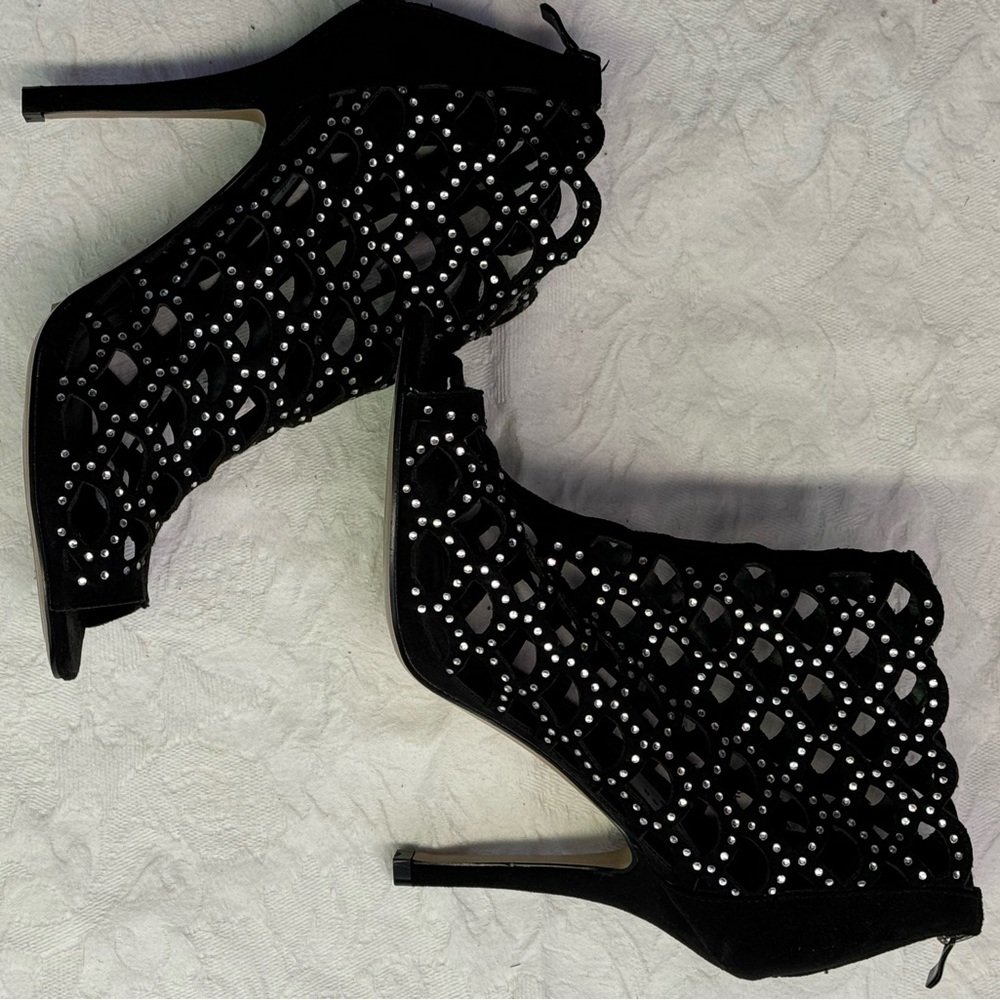 Sexy Chelsea & Zoe Black Studded Caged Rhinestone Sparkle Heeled Booties, Sz 10!